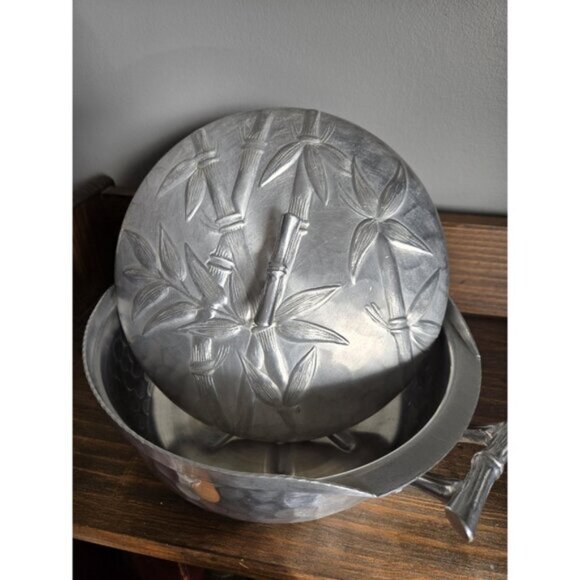 Everlast Forged Aluminum Metal Serving Pot w Lid Bamboo Leaf Design 50s 60s - Picture 4 of 9